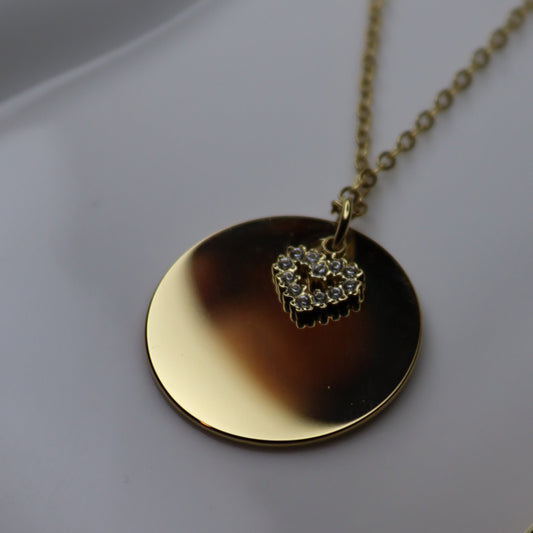 Engraved necklace with round charm and rhinestone heart (PRE-ORDER)