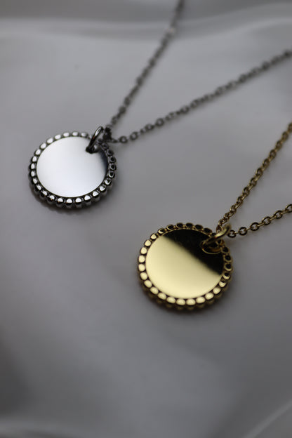 Engraved round charm necklace